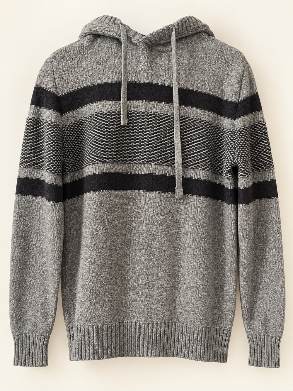American Eagle Men’s Striped Knit Hoodie Sweater Gray Black Size L